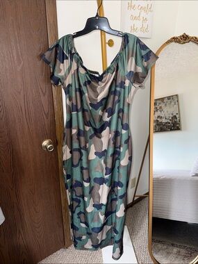 Green Camo Short-Sleeve Midi Dress
